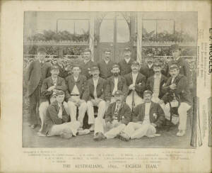 "The Australians, 1893, Eigth Team" team picture with advertising by bat maker L.J.Nicolls (which merged in the 1940s to become Gray-Nicolls), framed & glazed, overall 34x28cm. Some soiling, though interesting advertising item. Ex Jock Livingston collecti