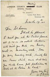 W.G.GRACE: March 14th 1901 hand-written letter on "London County Cricket Club" letterhead (with Cricket crossed out and "Bowling" inserted), signed by W.G.Grace at base. [In later life W.G.Grace became very interested in lawn bowls. He founded the English