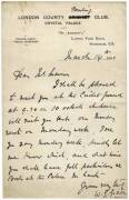 W.G.GRACE: March 14th 1901 hand-written letter on "London County Cricket Club" letterhead (with Cricket crossed out and "Bowling" inserted), signed by W.G.Grace at base. [In later life W.G.Grace became very interested in lawn bowls. He founded the English