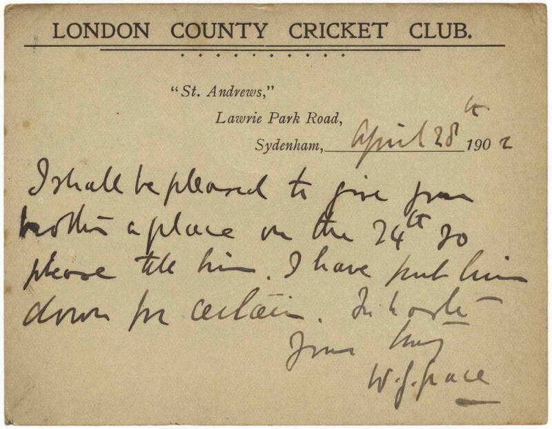 W.G.GRACE: April 28th 1902 1/2d Postal Card printed on reverse for "London County Cricket Club, with hand-wriiten message, and signed by W.G.Grace at base.