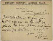 W.G.GRACE: April 28th 1902 1/2d Postal Card printed on reverse for "London County Cricket Club, with hand-wriiten message, and signed by W.G.Grace at base.