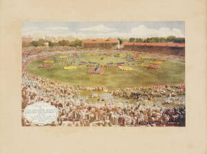 ADELAIDE OVAL: Photograph "Adelaide Oval, Taken from Steeple of St.Peters Cathedral, 1902"; pair of photographs in mount "England v Australia, 4th Test Match - Adelaide Oval - 2nd Feb.1929. Attendance 37,000. Total Attendance (Feb.1-8) 138,000"; plus colo