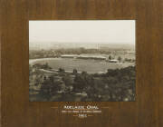 ADELAIDE OVAL: Photograph "Adelaide Oval, Taken from Steeple of St.Peters Cathedral, 1902"; pair of photographs in mount "England v Australia, 4th Test Match - Adelaide Oval - 2nd Feb.1929. Attendance 37,000. Total Attendance (Feb.1-8) 138,000"; plus colo - 2