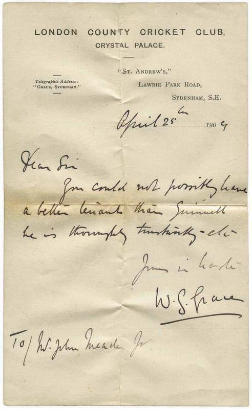 W.G.GRACE: April 25th 1904 hand-written letter on "London County Cricket Club" letterhead, signed by W.G.Grace at base.