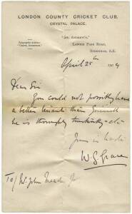 W.G.GRACE: April 25th 1904 hand-written letter on "London County Cricket Club" letterhead, signed by W.G.Grace at base.