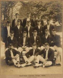 1909 AUSTRALIAN TEAM, original team photograph with players wearing their Australian caps & blazers, titled "Australian Cricket Team, 1909", window mounted, framed & glazed, overall 33x43cm. G/VG condition.