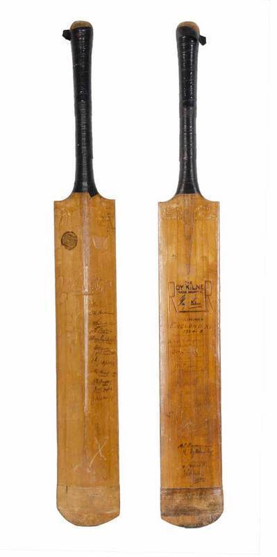 WILLIAM WHYSALL'S MATCH USED CRICKET BAT: Full size "Sykes - Roy Kilner" Cricket Bat, signed in the ownership position by William Whysall, and match-used in the 1924-25 England tour of Australia. Signed on the fronr by 1924-25 England team, 18 signatures