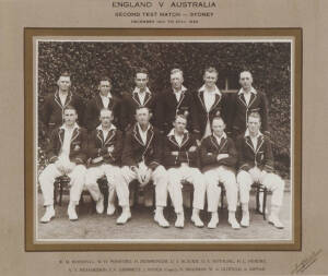 1928-29 AUSTRALIAN TEAM, team photograph with title "England v Australia, Second Test Match - Sydney, December 14th to 20th, 1928", and players names printed on mount, window mounted, framed & glazed, overall 46x38cm. Includes a young Don Bradman (who was