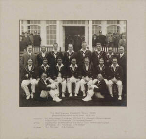 1930 AUSTRALIAN TEAM, team photograph with title "The Australian Cricket Team 1930. (Regained the 'Ashes' at the Oval 22/8/30)", and players namesbeautifully written on mount, window mounted, framed & glazed, overall 43x41cm. Superb condition.