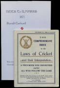 UMPIRE'S BOOKS, noted "Hints to Umpires 1871" limited edition reprint by Cardwell [2004] signed by 5 umpires; "The Comprehensive Index to the Laws of Cricket" [1930] presented to Clarrie Grimmett by the author on the 1st Test of the Bodyline Series; plus