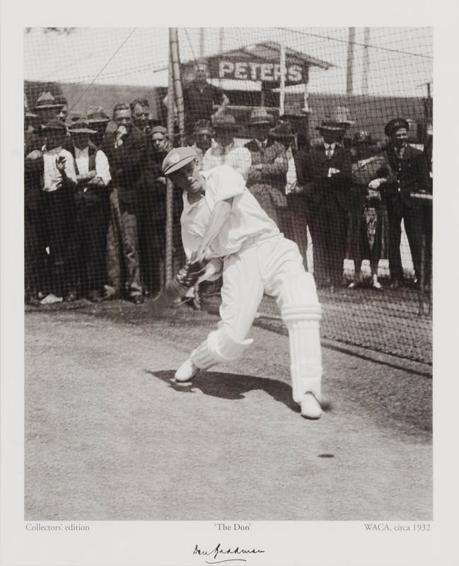DON BRADMAN, reprinted photograph of the Don practicing in the nets at the WACA circa 1932, with facsimile autograph below, window mounted, framed & glazed, overall 56x64cm.