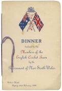 1932-33 BODYLINE TOUR: Menu "Dinner tendered to the Members of the English cricket Team by the Government of New South Wales", with 9 signatures inside including Harold Larwood, Freddie Brown, Maurice Tate, Bill O'Reilly & Herbert Ironmonger. - 2