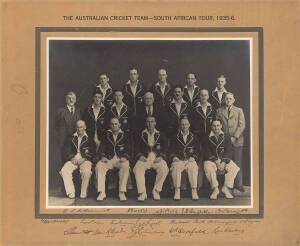 1935-36 AUSTRALIAN TEAM, original team photograph, titled "The Australian Cricket Team - South African Tour, 1935-6", signed on mount by the entire team, 17 signatures including Victor Richardson (captain), Stan McCabe, Clarrie Grimmett & Bert Oldfield, s