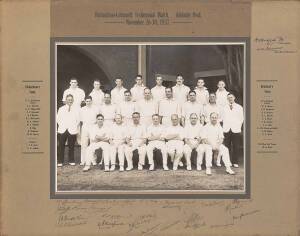 1937 RICHARDSON-GRIMMETT TESTIMONIAL MATCH, official team photograph, with title "Richardson-Grimmett Testimonial Match, Adelaide Oval. November 26-30, 1937", and players names printed on mount, also signed on mount by both teams, 23 signatures including 