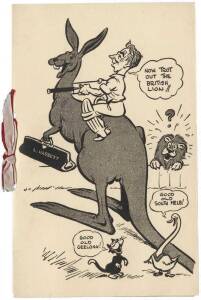 1938 AUSTRALIAN TOUR TO ENGLAND: Illustrated menu showing Lindsay Hassett riding a kangaroo, "Complimentary Smoke Night, tendered by the South Melbourne Cricket Club, to Mr A.L.Hassett, On the eve of his departure for England as a member of the Nineteenth