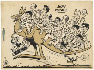 1938 AUSTRALIAN TOUR TO ENGLAND: Illustrated menu showing the team riding a kangaroo, "To Wish 'Bon voyage' to the Members of the Nineteenth Australian Team. Luncheon Given by The Victorian Cricket Association", signed inside by Don Bradman & Fleetwood-Sm