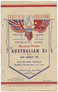 "Souvenir Programme, 1943, Patriotic Fund Cricket Match, An Australian XI versus An Army XI, Pratten Park, Ashfield", rare programme, players included Bill O'Reilly, Sid Barnes, Ron Saggers, Wendell Bill & Jock Livingston.