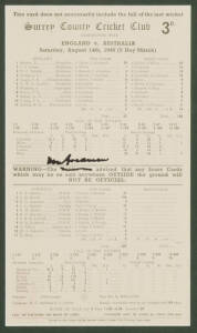 BRADMAN'S LAST TEST MATCH, modern texta signature on 1948 Scorecard for Fifth Test at the Oval, showing Arthur Morris's 196, and Bradman's duck, window mounted, framed & glazed, overall 39x51cm.