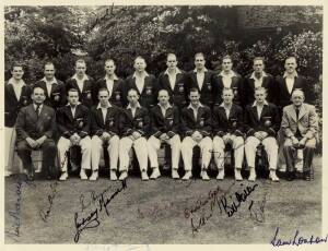 1948 AUSTRALIAN TEAM, reprinted team photograph (21x16cm) with 14 signatures (a couple faded) including Don Bradman, Lindsay Hassett & Keith Miller.