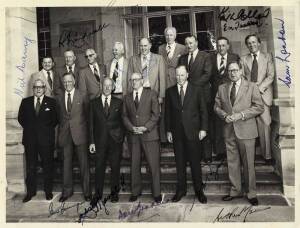 1948 AUSTRALIAN TEAM, group photograph from 1979 "Greats of '48" reunion dinner (21x16cm) with 15 signatures including Don Bradman, Lindsay Hassett & Keith Miller.