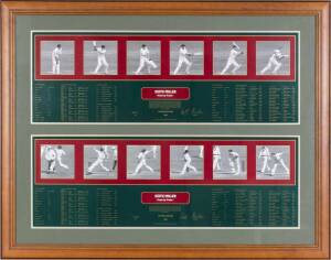 KEITH MILLER, two "Keith Miller - Frame by Frame" prints - one showing Miller bowling, other showing Miller batting, both signed and numbered 240/500, window mounted together, framed and glazed, overall 117x92cm. With CoAs. [Keith Miller, one of Australia