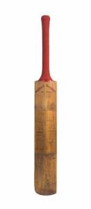 DON BRADMAN TESTIMONIAL MATCH: "Slazenger - Don Bradman" Cricket Bat with text on reverse in red "BRADMAN'S TESTIMONIAL, DEC.1948", and with 21 faded signatures including Arthur Morris, Lindsay Hasset & Neil Harvey; also signed on front by Don Bradman in 