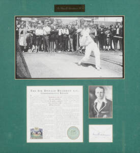 DON BRADMAN, display "Sir Donald Bradman A.C.", with signature on piece, window mounted with two photographs, limited edition 496/2500, framed & glazed, overall 53x56cm. With CoA.