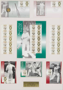 DON BRADMAN, signature on display of inaugural Australian Legends stamps, comprising FDC, Coin FDC, stamps, P.O.Pack (signed) & maxi cards; window mounted, framed and glazed, overall 55x72cm.