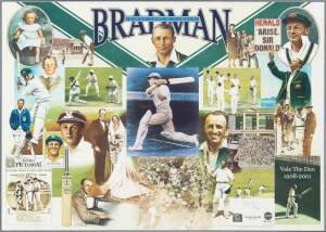 DON BRADMAN, lithograph "Bradman - First, Last & Always" by Brian Clinton, signed by Don Bradman & the artist, limited edition 84/500, window mounted, framed & glazed, overall 107x83cm. With CoA.