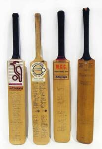 SIGNED CRICKET BATS: c1951 bat with many faded signatures - Australia, South Africa, Commonwealth XI & England XI; 1985 England v Australia; 1992 Nat West Final - Northamptonshire v Leicestershire; also 1992 World Cup with facsimile autographs. Fair/Good 