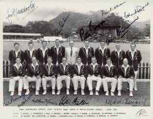 1955 AUSTRALIAN TEAM, reprinted team photograph with 11 signatures including Keith Miller, Richie Benaud & Neil Harvey.