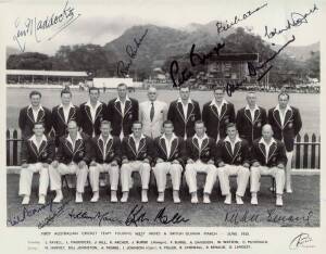 1955 AUSTRALIAN TEAM, reprinted team photograph with 11 signatures including Keith Miller, Richie Benaud & Neil Harvey.
