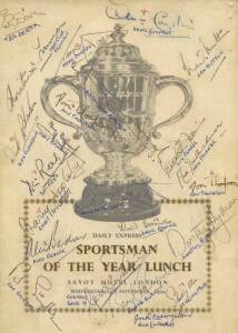 AUTOGRAPHS: 1960 Sportsman of the Year lunch menu with 21 signatures; 1964 Lancashire Centenary team photo with 22 signatures; 1966 Ron Kissell dinner menu with 12 signatures; 1987 "Bradman Albums" Launch menu with 18 signatures; 1980 Northants v Essex si