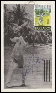 SIR GARFIELD SOBERS, signature on 1966 postcard featuring him & franked with 1966 Barbados Independence 35c stamp (also featuring him) cancelled on First Day of Issue.