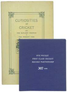 LIMITED EDITION CRICKET BOOKS, noted "418 to Win - West Indies Record Score" by Kumar (signed by author & West Indies team) [Trinidad, 2003]; "Curiosities of Cricket" [UK, 1978 reprint]; "10th Wicket First Class Cricket Record Partnership 307 runs" by Ril