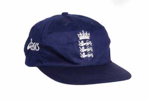 ALEC STEWART'S ENGLAND HOME TEST CAPS, navy blue baseball-style (2), both with embroidered Crown over Three Lions on front (different Crowns), both signed inside by Alec Stewart. Good match-used condition. [Alec Stewart played 133 Tests 1990-2003. He is t