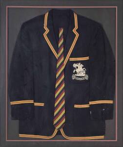BARRY KNIGHT'S ENGLAND TOURING TEST BLAZER & TIE, from 1962-63 Ashes tour. Blazer navy blue, with embroidered St.George & Dragon, and "1962 AUSTRALIA 1963" on pocket; window mounted, framed & glazed, overall 86x102cm. Together with personal letter from Ba