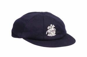 JACK RUSSELL'S ENGLAND TOURING TEST CAP,navy blue, embroidered St.George & Dragon on front, signed inside by Jack Russell. VG condition. [Jack Russell played 54 Tests 1988-98].