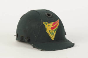 SHANE WATSON'S TASMANIA CRICKET HELMET, green, with embroidered Tasmanian logo on front, no protective grill. Fair match-used condition. [Shane Watson has played 51 Tests & 173 ODIs 2002-14].