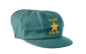 PAKISTAN 'B' CRICKET CAP, green wool, embroidered Pakistan logo with "PAKISTAN 'B'/ KENYA - 1986" on front, faint signature inside possibly Shahid Anwar. G/VG condition. [Shahid Anwar only played 1 ODI, then proceeded to become one of the most successful 