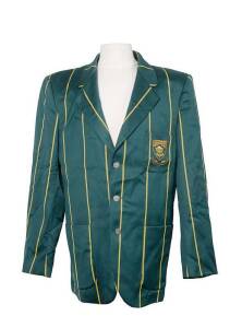 SOUTH AFRICAN TEST BLAZER, green with yellow stripes, polyester/viscose, embroidered wire Protea & "S.A. Cricket" on pocket, 'Tailored in South Africa for Burgers' label inside, ownership unknown. Good condition (couple tiny holes in sleeves). 