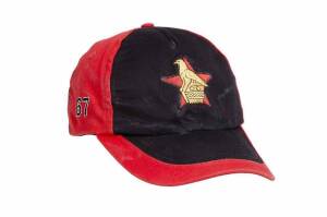 SEAN ERVINE'S ZIMBABWE CRICKET CAP, red & black, with embroidered Zimbabwe logo on front, signed on brim by Sean Ervine. Good match-used condition. [Ervine played 5 Tests & 42 ODIs 2001-04].