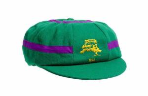 DENNIS LILLEE'S ACB CHAIRMAN'S XI CAP, from the 1996 Lilac Hill match - ACB Chairman's XI v West Indies (the 1st match of the 1996-97 West Indies tour of Australia), green with lilac bands, with embroidered Lilac Hill logo on front, named inside "D.K.Lill