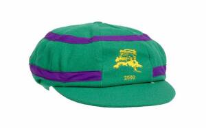 JO ANGEL'S ACB CHAIRMAN'S XI CAP, from the 2000 Lilac Hill match - ACB Chairman's XI v West Indies (the 1st match of the 2000-01 West Indies tour of Australia), green with lilac bands, with embroidered Lilac Hill logo on front, signed inside by Jo Angel. 