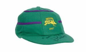 LUKE POMERSBACH'S ACB CHAIRMAN'S XI CAP, from the 2007 Lilac Hill match - ACB Chairman's XI v New Zealand (the 1st match of the 2007-08 New Zealand tour of Australia), green with lilac bands, with embroidered Lilac Hill logo on front, signed & endorsed on
