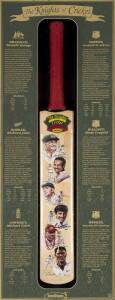 THE KNIGHTS OF CRICKET, full size cricket bat, with signatures of Sir Donald Bradman, Sir Richard Hadlee, Sir Colin Cowdrey, Sir Garfield Sobers, Sir Clyde Walcott & Sir Everton Weekes, mounted in an attractive display case, overall 46x108cm. With CoA.