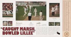 "CAUGHT MARSH, BOWLED LILLEE, lithographed print signed by Rod Marsh & Dennis Lillee, limited edition 106/1000, window mounted, framed & glazed, overall 88x55cm. With CoA.