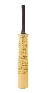 1986-87 ENGLAND v AUSTRALIA, full size Cricket Bat signed by England on front, and Australia on reverse, with 32 signatures including Mike Gatting, Ian Botham, David Gower, Allan Border, Dean Jones & Steve Waugh. G/VG condition.