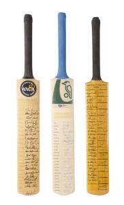 WESTERN AUSTRALIA SIGNED BATS: Full size Cricket Bats (3) signed by 1989 WA v Tamil Nadu (Sheffield Shield Winners v Ranji Trophy Winners -31 signatures); 1997-98 team (22 signatures) & 2000-01 team (24 signatures). Signatures include Graeme Wood, Tom Moo