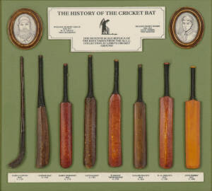 "The History of the Cricket Bat", MCC display with 1/7th scale replicas of the bats taken from the MCC Collection, framed, overall 30x27cm, in original box.